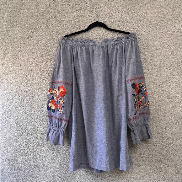 Chambray Light Blue Floral Embroidered OFF Shoulder Mini Dress Denim Cotton L - Picture 10 of 10